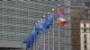 Belgium - Armenian and EU flags fly outside the EU headquarters in Brussels.