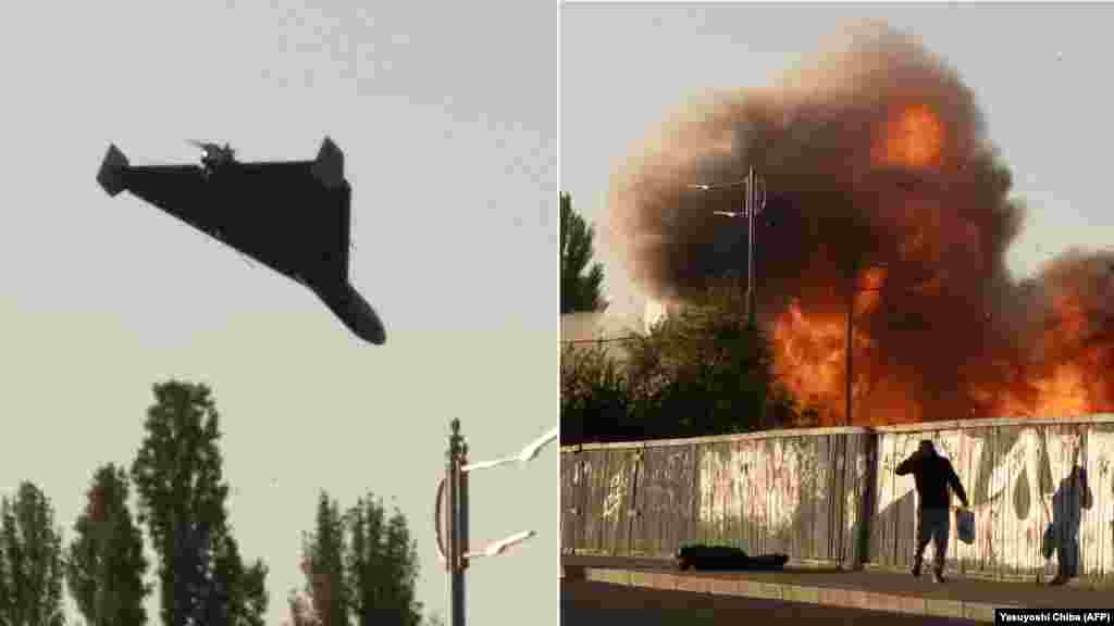 Fotografije beleže trenutke pre i posle udara ruskog drona kamikaze iranske proizvodnje u Kijevu 17. oktobra 2022. &nbsp;