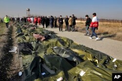 Tijela žrtava avionske nesreće prikuplja spasilački tim na mjestu događaja u Šahedšaru, jugozapadno od glavnog grada Teherana, 8. januara 2020.