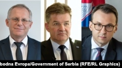 Glavni pregovarač Kosova Besnik Bisljimi, specijalni predstavnik EU za dijalog Miroslav Lajčak i glavni pregovarač Srbije Petar Petković.