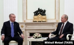 თურქეთის პრეზიდენტი ერდოღანი და რუსეთის პრეზიდენტი პუტინი მოსკოვში შეხვედრაზე. რუსეთი, 2020 წლის 5 მარტი