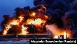 Firefighters battle a blaze late last year after three oil-storage tanks in Shakhtarsk in occupied Donetsk were set alight by Ukrainian shelling, the de facto authorities said.
