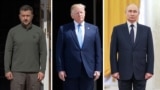 Зліва направо: президент України Володимир Зеленський, президент США Дональд Трамп і російський лідер Володимир Путін