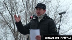 Lukpan Akhmedyarov speaks at a protest rally in Oral last month.