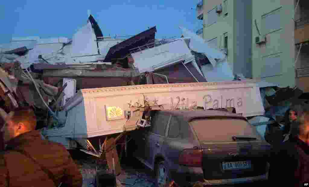 A crushed car in Durres, Albania&#39;s second-most populous city.&nbsp;