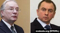 Outgoing Foreign Minister Syarhey Martynau (left) and his replacement, Uladzimir Makei
