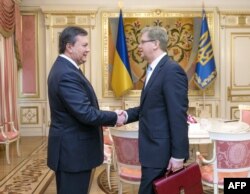Віктор Янукович (ліворуч) і Штефан Фюле, Київ, 12 лютого 2014 року