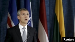NATO Secretary-General Jens Stoltenberg speaks in Vilnius on September 3.