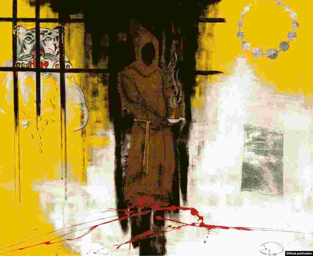 Мертвые. Техника смешивания на холсте, 1999. Художник создал эту работу в годы эмбарго и в контексте вызовов, связанных с новым крестовым походом. Ливия оказалась сильна, как скала, о которую было сломано высокомерие неокрестоносцев. В этой трагеди