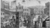 Паника 1837 года. В небе изображены шляпа, очки и трубка президента Джексона со словом "Слава". На переднем плане – бедствующие горожане, на дальнем справа – здание банка, которое штурмуют вкладчики. На банке висит объявление: "Никаких выплат в звонкой монете". Слева – здание таможни с объявлением: "Долговые расписки должны выкупаться только звонкой монетой". На дальнем берегу реки – долговая тюрьма. Художник Эдвард Уильямс Клей. 1837. 